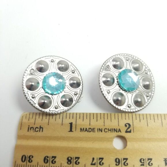 Vintage Retro Blue Cabochon and Silver Tone Clip On Earrings, 80s Style - Picture 3 of 5